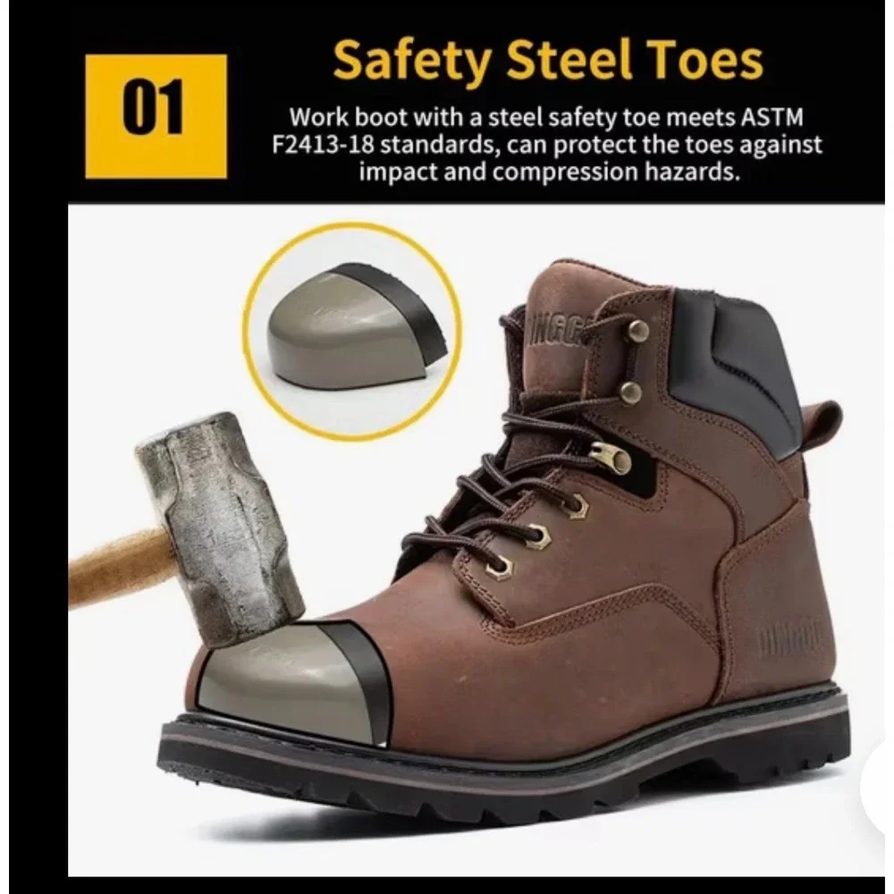 Dinggu Steel Toe Work Boots Brown Leather Puncture Resistant Safety Shoes Sz 7